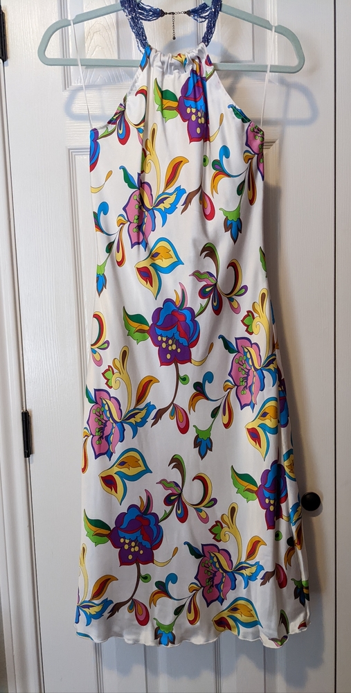 Vintage Y2K 90s Style Silk Floral Halter Midi Dress with Beaded Necklace Size 4